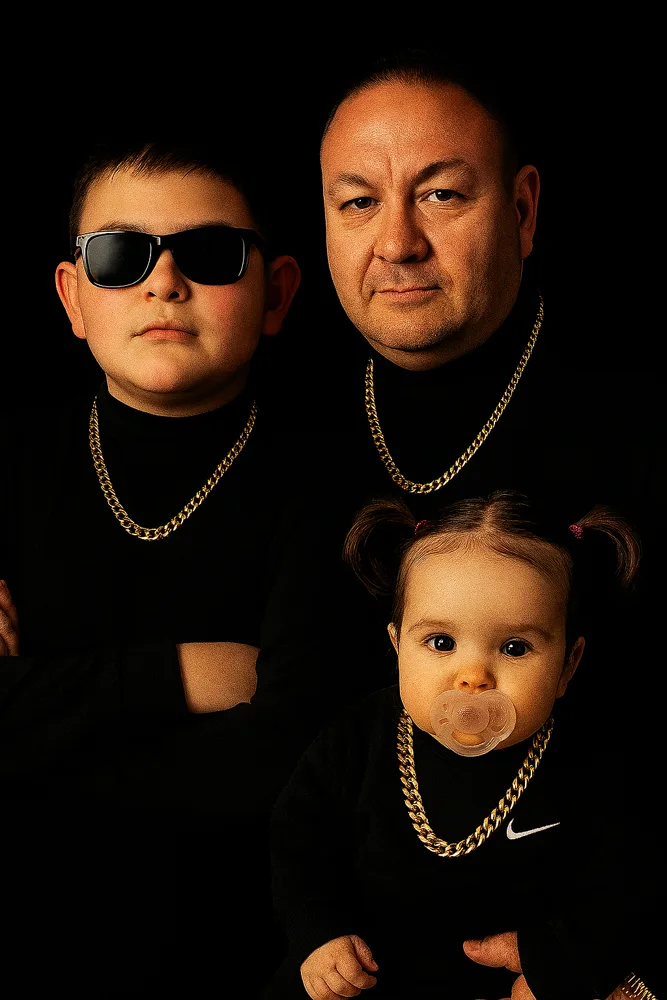 Family portrait styled like an album cover