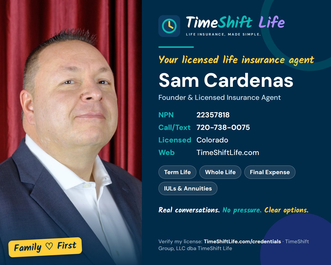Credentials card for Sam Cardenas, TimeShift Life. NPN 22357818, call or text 720-738-0075